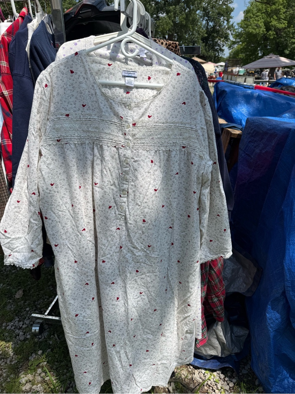 Cream Cotton Button-Front Nightgown with Red Heart Print